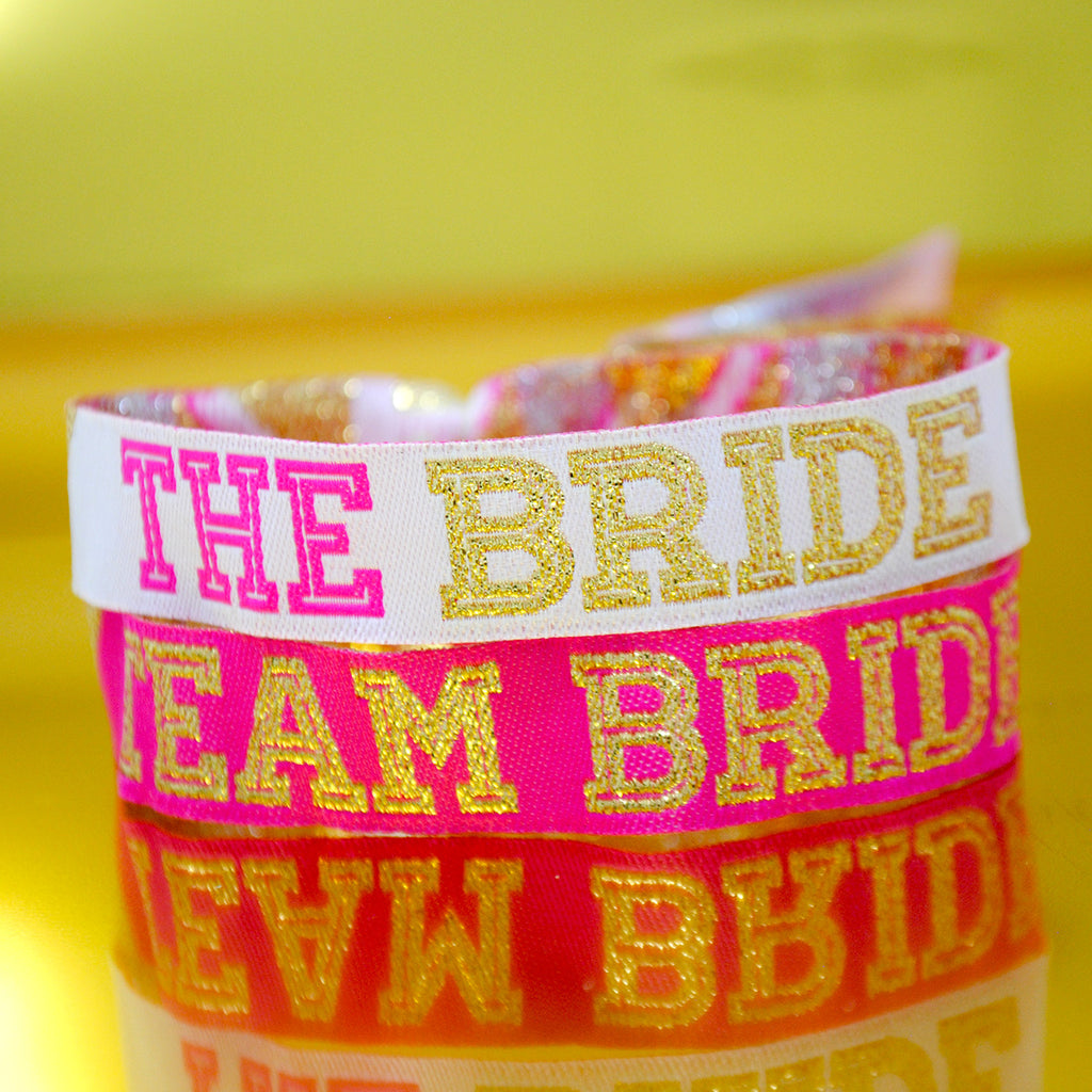 Team Bride Cheerleader Style Hen Party Wristbands in Pink & Gold