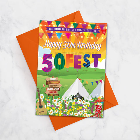 50fest festival sign themed 50th birthday card fifty 50 fest