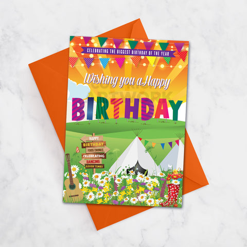 festival theme birthday card glastonbury theme