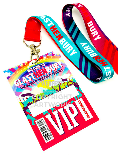 festival bride glasthenbury theme henfest hen party lanyards