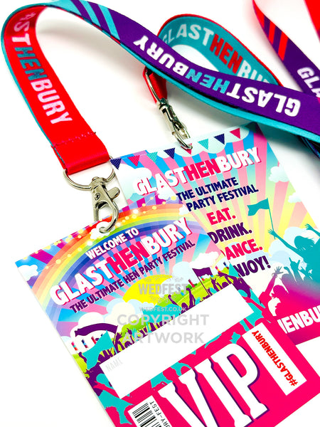 glasthenbury festival themed henfest hen party weekend lanyards