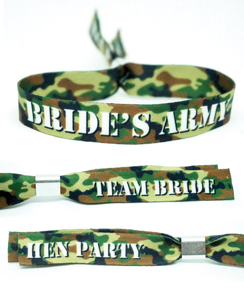 camouflage army theme hen party wristbands favours