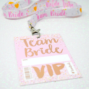 team bride rose gold hen party vip pass lanyard