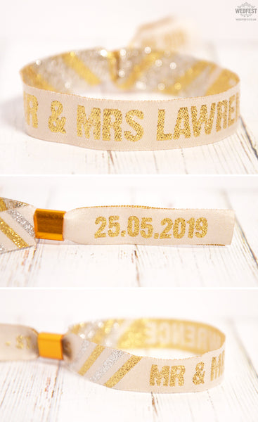 custom personalised white gold wedding festival wristbands